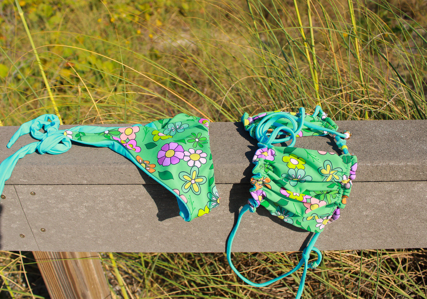 Scrunchy Strapless Top + Thick Side Tie Bottom - Petal Envy + Ocean Blue