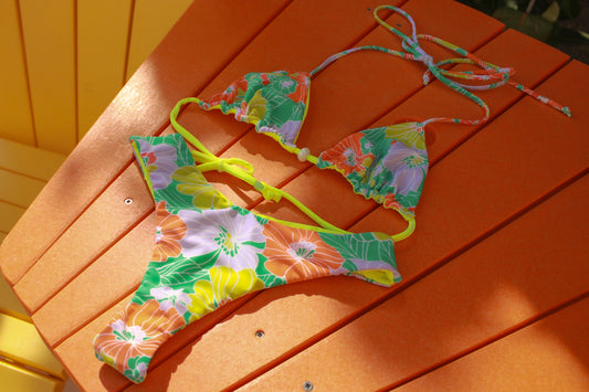 Triangle + Classic Thong - Upcycle Green Print + Neon Yellow