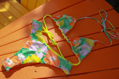 Triangle + Classic Thong - Upcycle Green Print + Neon Yellow