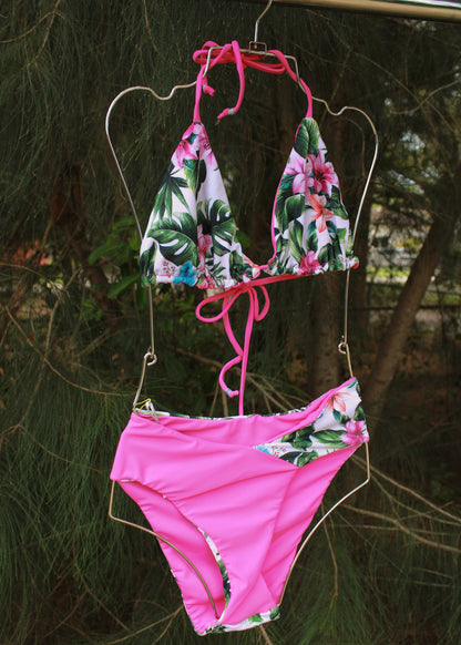 Triangle + Unreleased Bottom - White Tropical Print + Pink